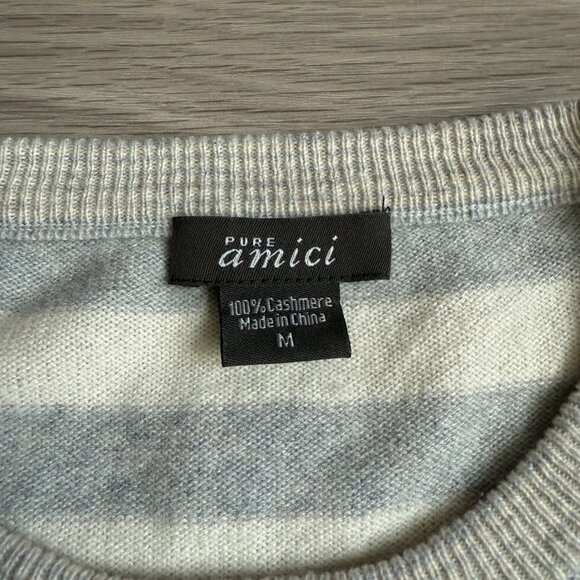Pure Amici Women's 100% Cashmere Sweater Ivory & Gray Stripe Crew Neck Size M - Picture 2 of 7